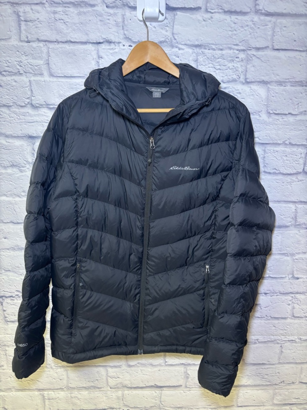 Eddie Bauer Goose 650 Down Womens XL Black Hooded Puffer Jacket Packable